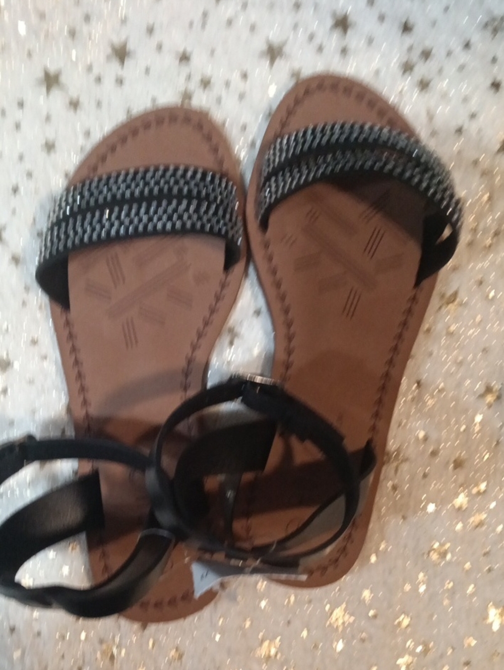 Rouge Helium Black and Brown Beaded Ankle-Strap Sandals